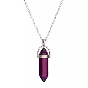 New Unisex Purple Amethyst Healing Crystal Lucky Aura Stainless Steel Necklace